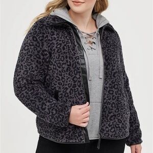 Torrid Faux Shearling Leopard Print Gray Zip Front Jacket sz 1 or 14/16 1X 14 16